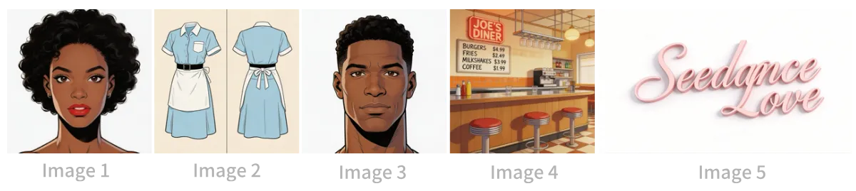 Character, outfit, boy, diner, and logo reference panels