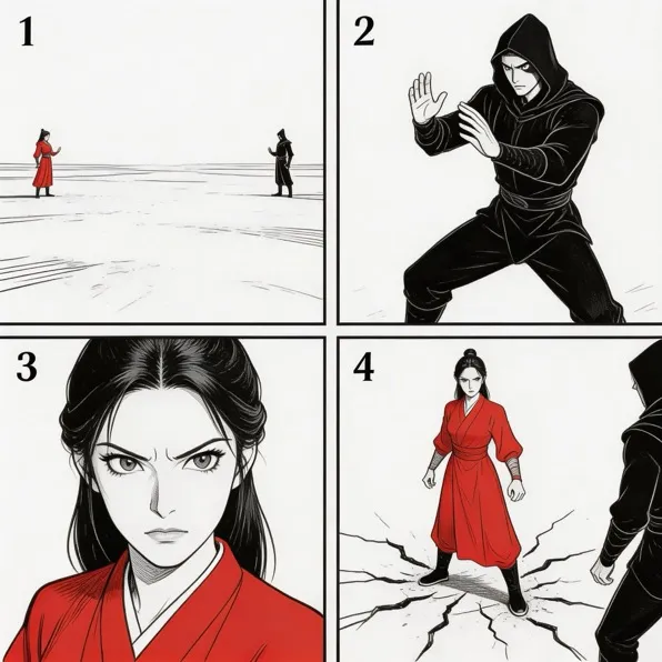 Four-panel fight scene storyboard reference