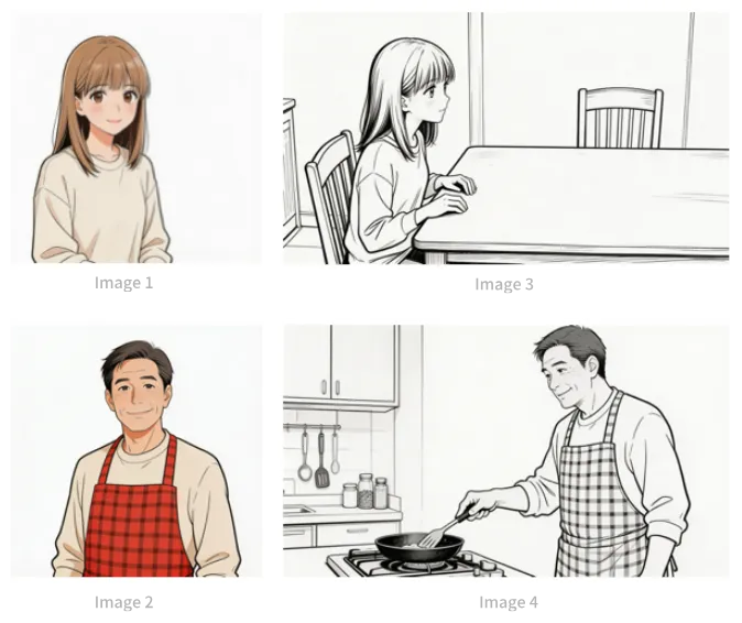 Girl and dad character refs with dining and kitchen storyboard panels