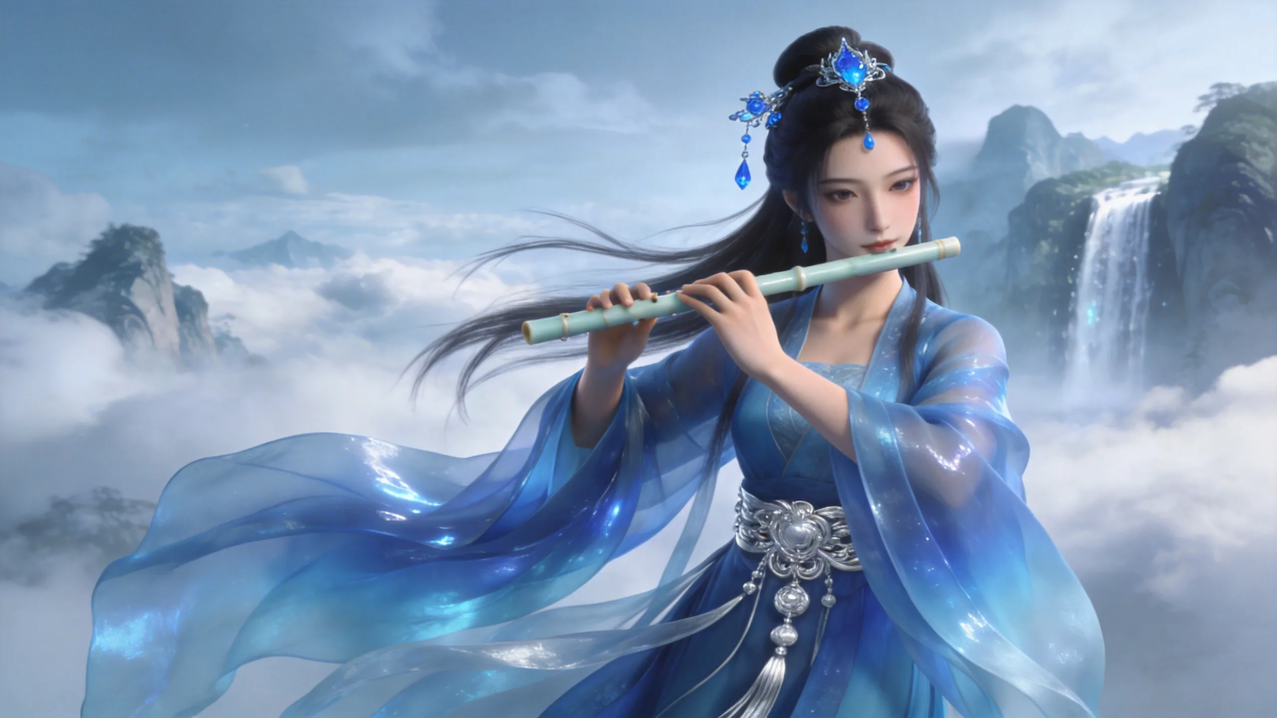Woman in blue hanfu playing flute on mountain reference