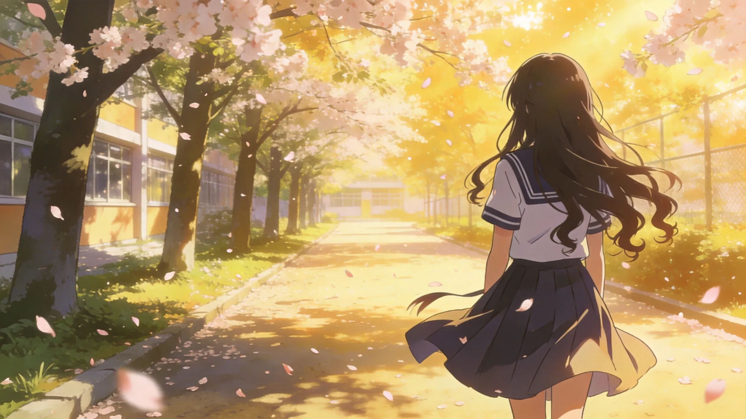 Schoolgirl walking under cherry blossoms reference