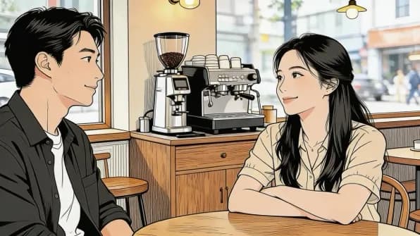 Two people chatting at a cafe table reference