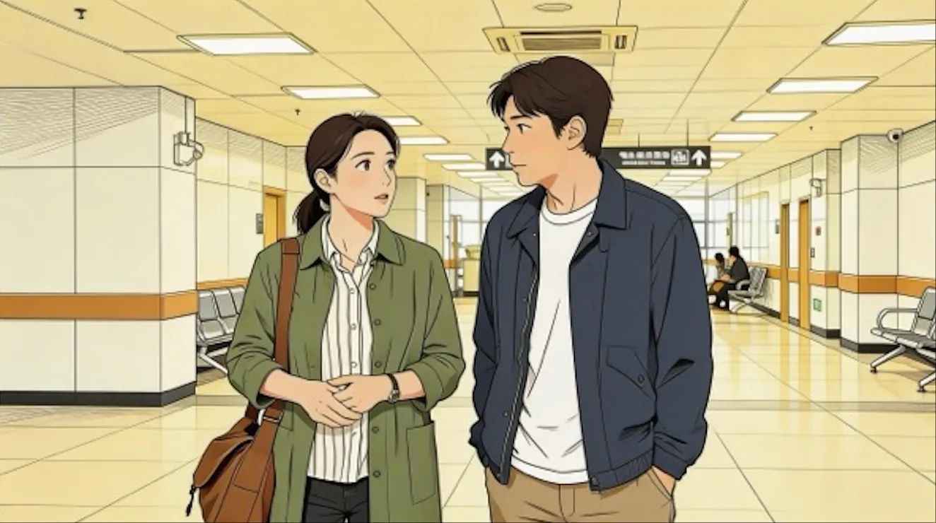 Two people walking in a hallway reference