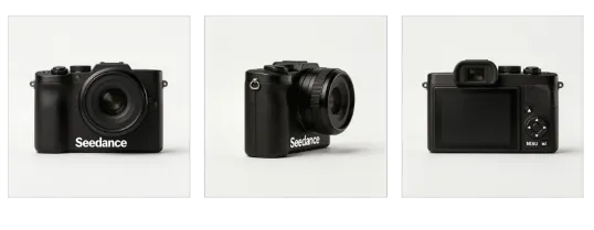Seedance camera front, angle, and rear reference views