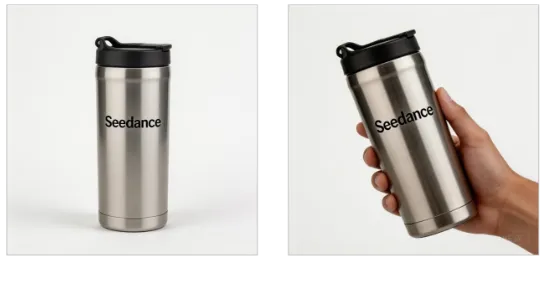 Seedance thermos product reference — standalone and hand-held views