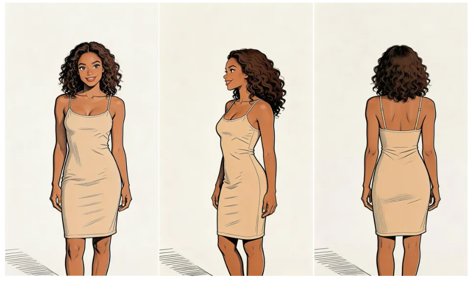Woman character front, side, and back reference views